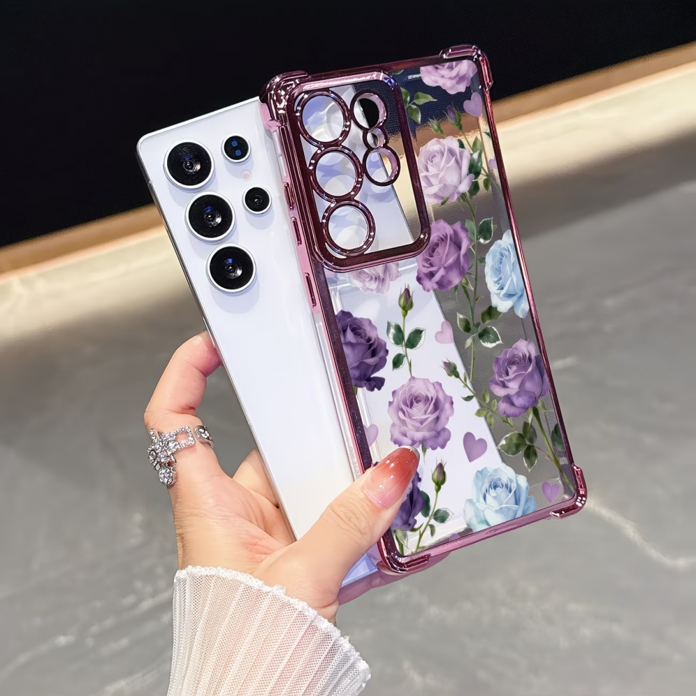 Phone Cases Clear - Electroplated Four-Corner Anti-Fall Purple Rose Clear