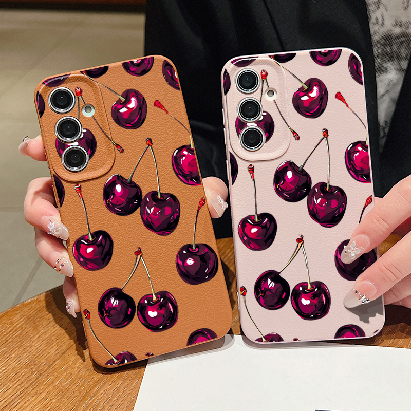 Phone Cases Leather - Wine Red Cherry Printed Phone Case